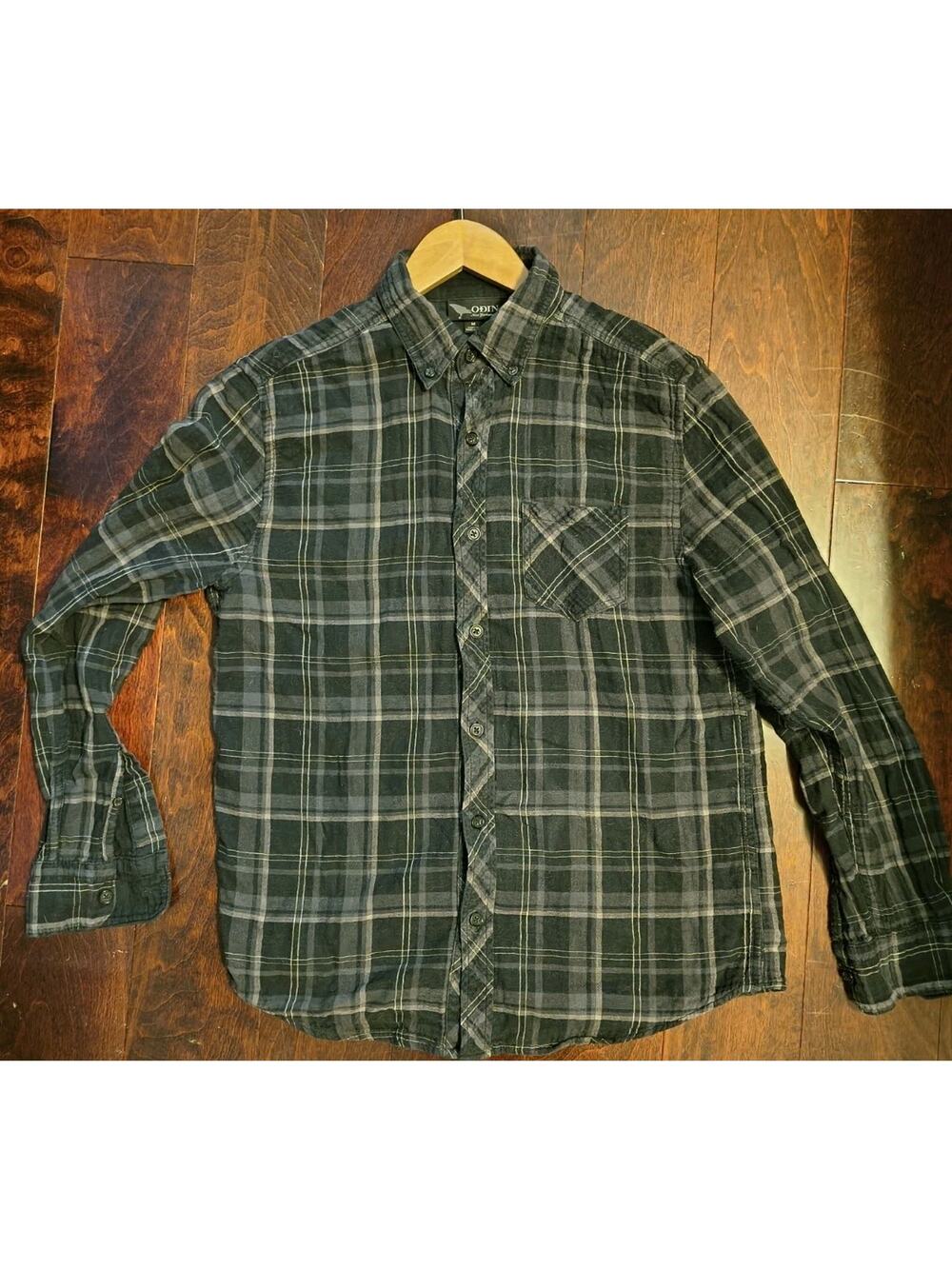 Odin New York Black Gray Plaid Flannel Button Down Shirt Men's Size M